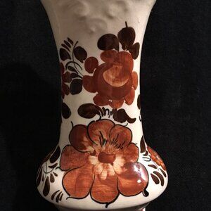 Wloclawek Earthenware Brown and White Floral Pottery Vase, Made in Poland